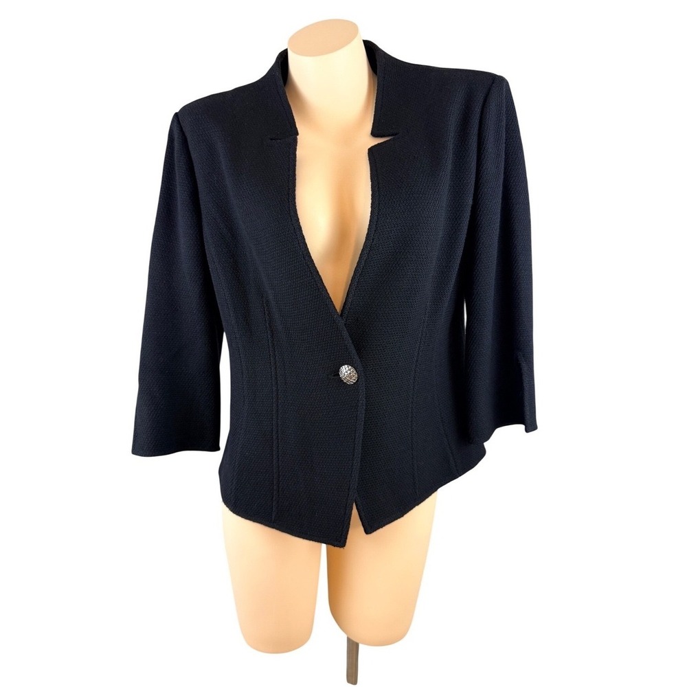 St John Black Wool Knit Single Button Blazer Jacket Size 12